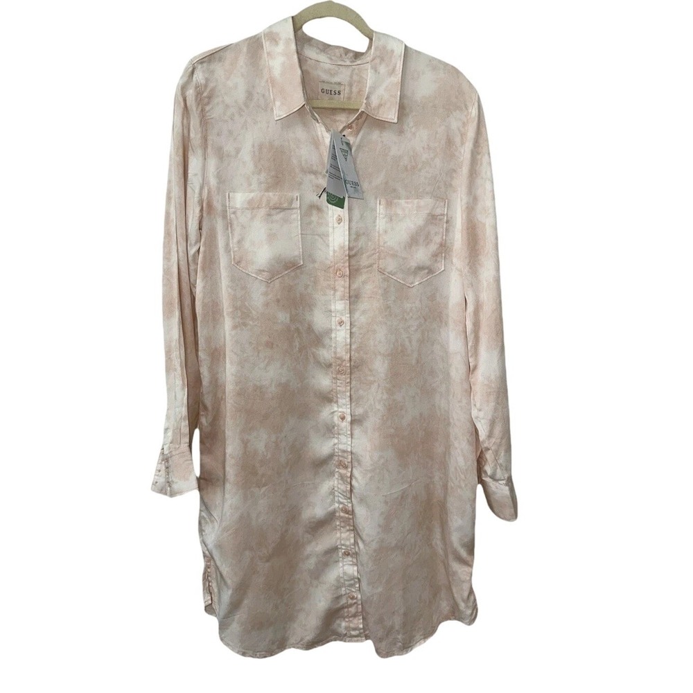 Guess Shirt Dress XL Peach Tie Dye Long Sleeve Button Front Utility Pocket Tunic